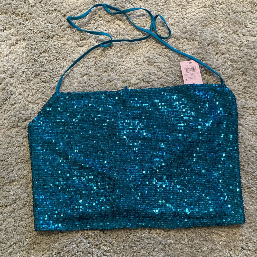 Sequin Halter Crop Tank Top - Teal